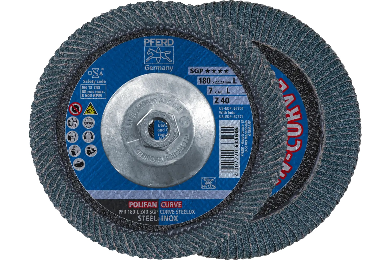 Picture of Pferd Flap Disc, 7" x 5/8-11, Z SGP Curve Steelox, 40 Grit, Large Radius, Zirconia